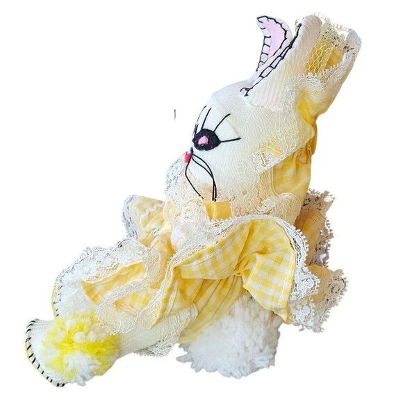 Vintage Kitschy Creepy Easter Bunny Rabbit Sock Doll Wearing Ruffle Yellow Dress - Picture 4 of 9